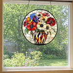Floral bouquet in vase stained glass suncatcher window hanging, suitable for home and garden decoration