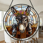 Floral crown peeking donkey stained glass suncatcher window hanging, suitable for home and garden decoration