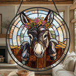 Floral crown peeking donkey stained glass suncatcher window hanging, suitable for home and garden decoration
