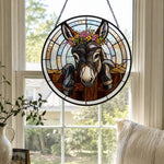 Floral crown peeking donkey stained glass suncatcher window hanging, suitable for home and garden decoration