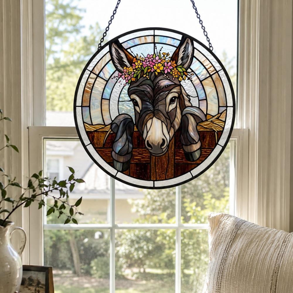 Floral crown peeking donkey stained glass suncatcher window hanging, suitable for home and garden decoration