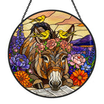 Floral donkey and yellow birds stained glass suncatcher window hanging, suitable for home and garden decoration
