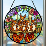 Floral garden squirrel family stained glass suncatcher window hanging, suitable for home and garden decoration