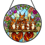 Floral garden squirrel family stained glass suncatcher window hanging, suitable for home and garden decoration