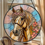 Floral golden horse stained glass suncatcher window hanging, suitable for home and garden decoration