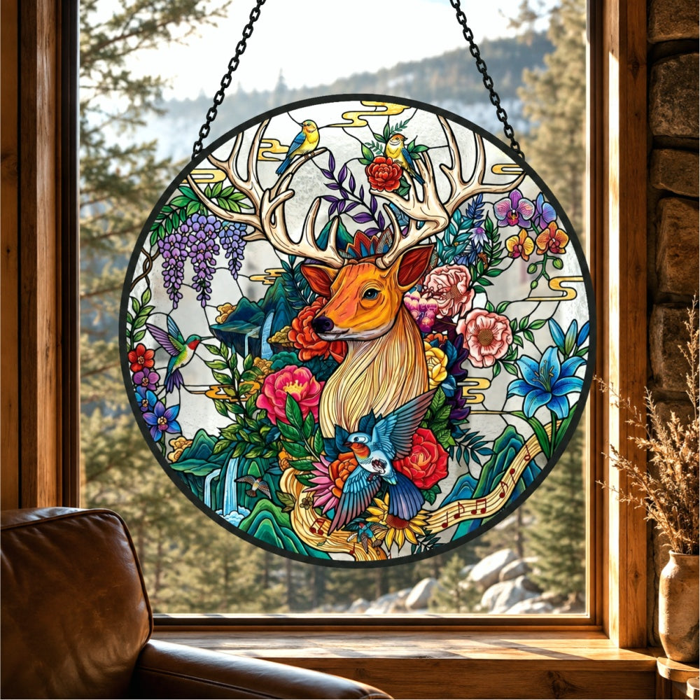 Floral stag stained glass suncatcher window hanging, suitable for home and garden decoration
