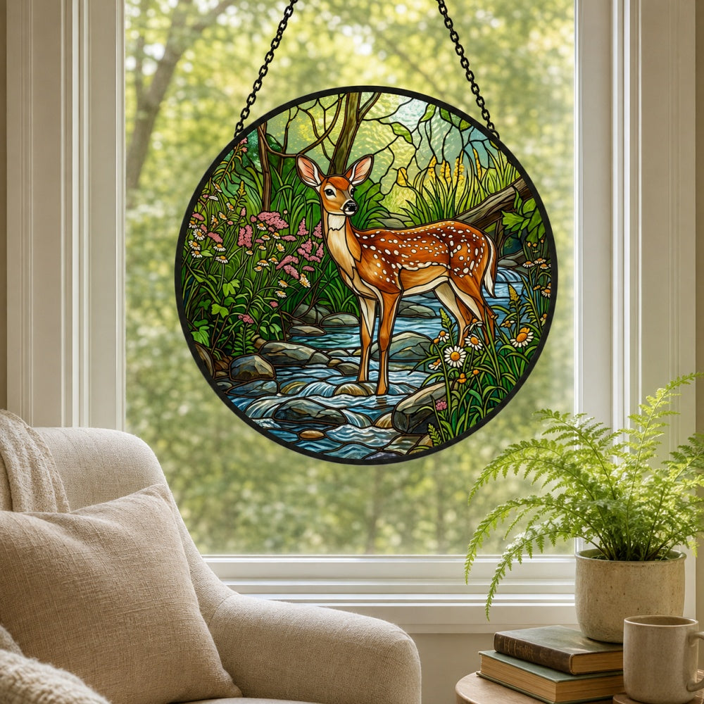 Forest deer by woodland stream stained glass suncatcher window hanging, suitable for home and garden decoration