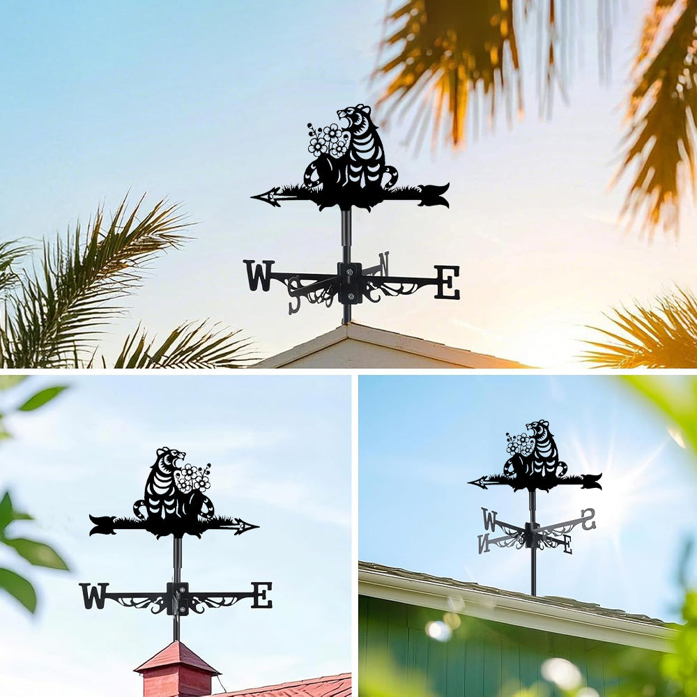 Floral tiger metal weather vane with directional arrows and mounting rod, outdoor roof and garden decoration
