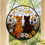 Flower garden cats stained glass suncatcher window hanging, suitable for home and garden decoration