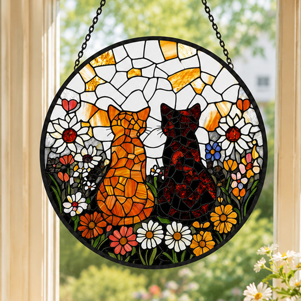 Flower garden cats stained glass suncatcher window hanging, suitable for home and garden decoration