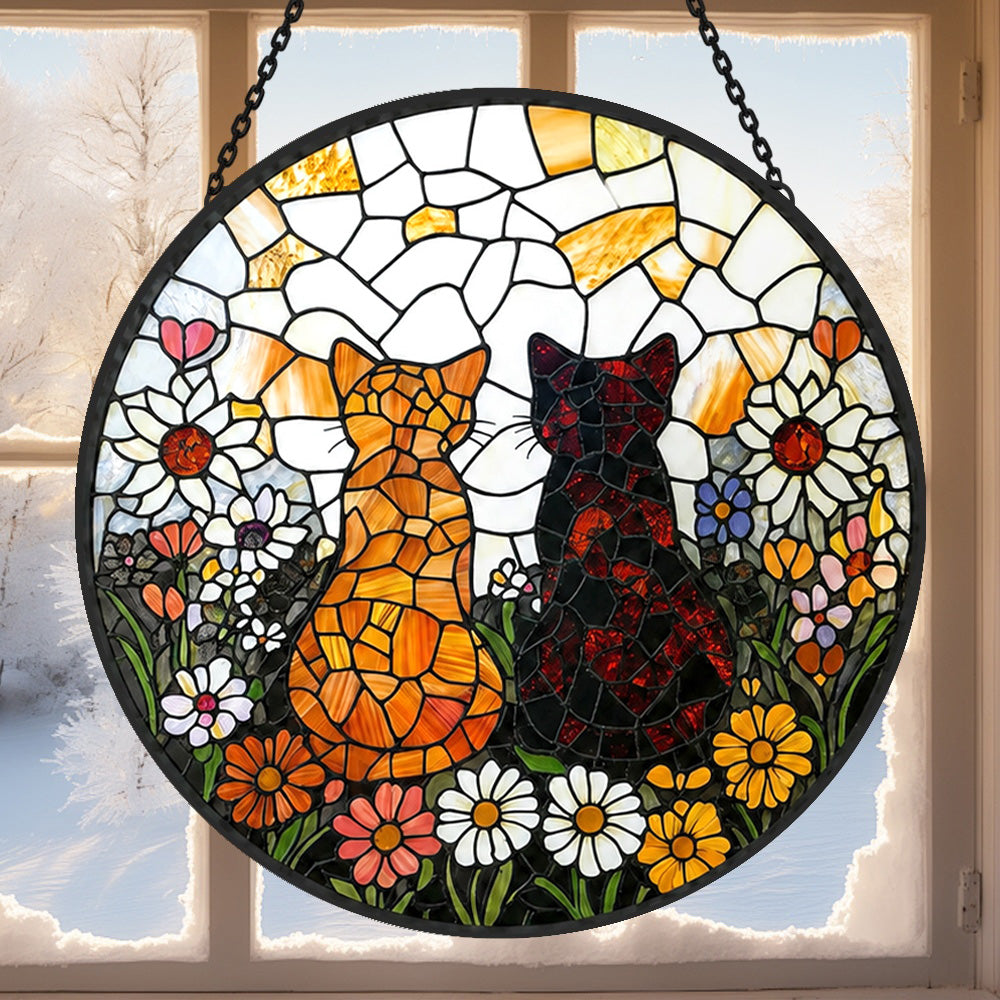Flower garden cats stained glass suncatcher window hanging, suitable for home and garden decoration