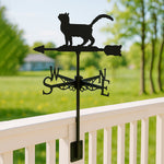 Fluffy cat metal weather vane with directional arrows and mounting rod, outdoor roof and garden decoration