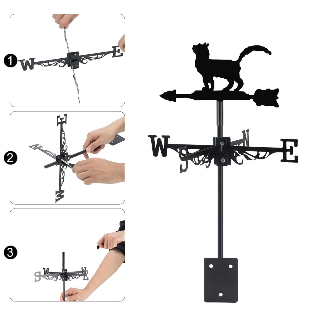 Fluffy cat metal weather vane with directional arrows and mounting rod, outdoor roof and garden decoration