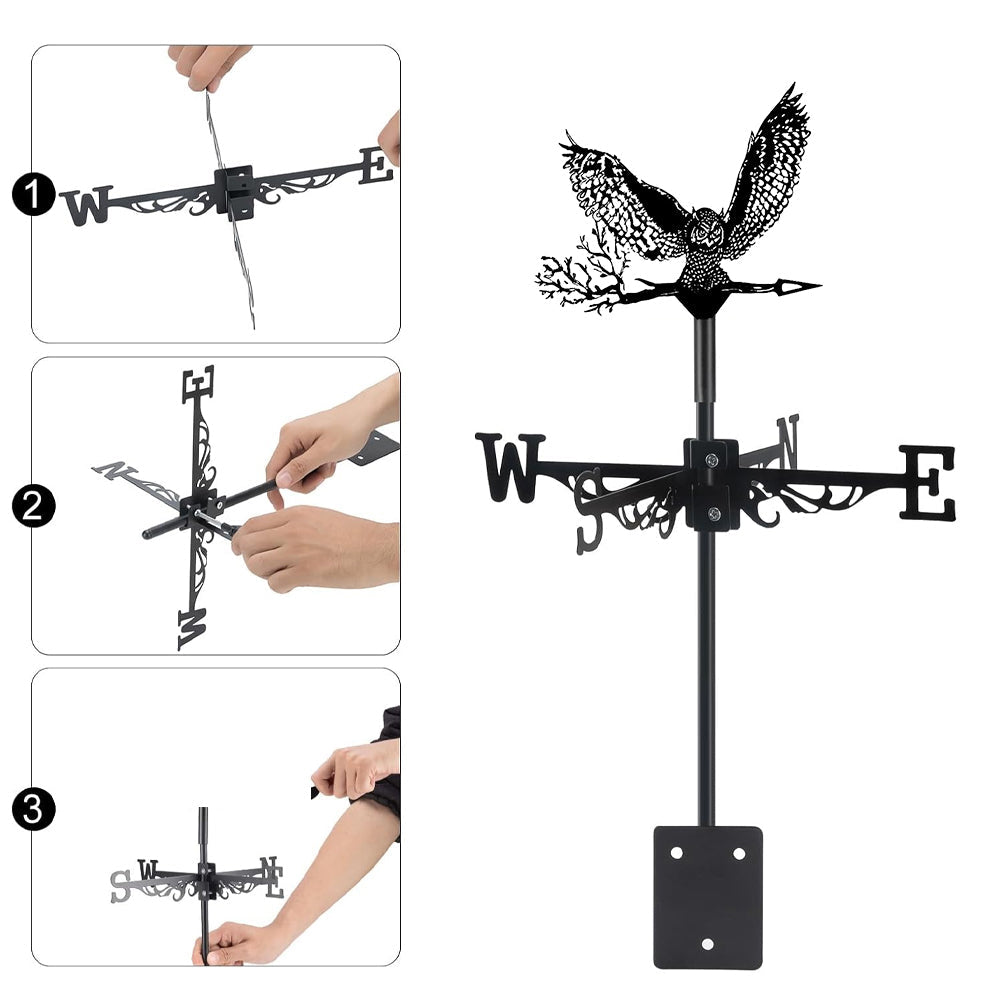 Flying owl metal weather vane with directional arrows and mounting rod, outdoor roof and garden decoration