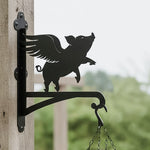 Flying pig metal hanging basket bracket mounted on outdoor wall for plant decoration