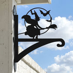 Flying witch and bats metal hanging basket bracket mounted on outdoor wall for plant decoration