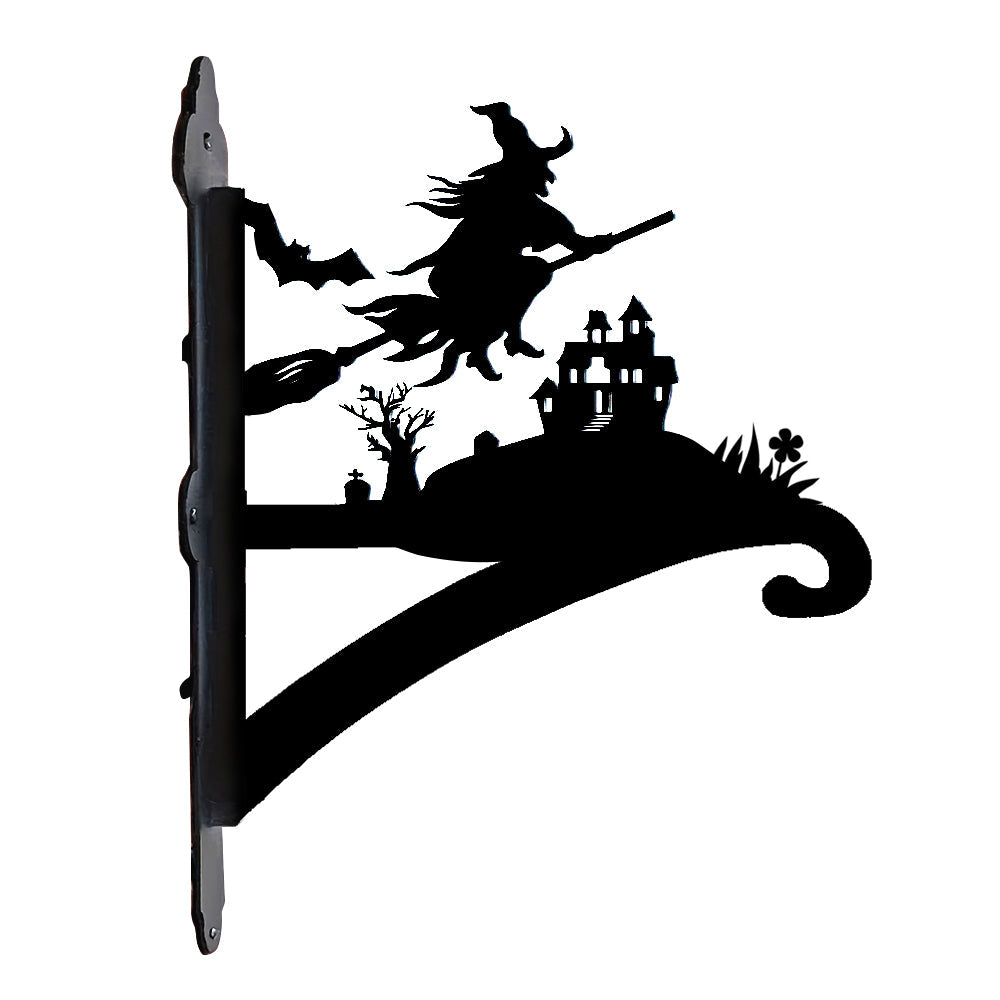 Flying witch and castle metal hanging basket bracket mounted on outdoor wall for plant decoration