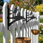 Flying witch and castle metal hanging basket bracket mounted on outdoor wall for plant decoration