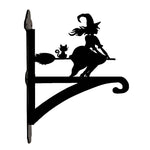 Flying witch and cat metal hanging basket bracket mounted on outdoor wall for plant decoration