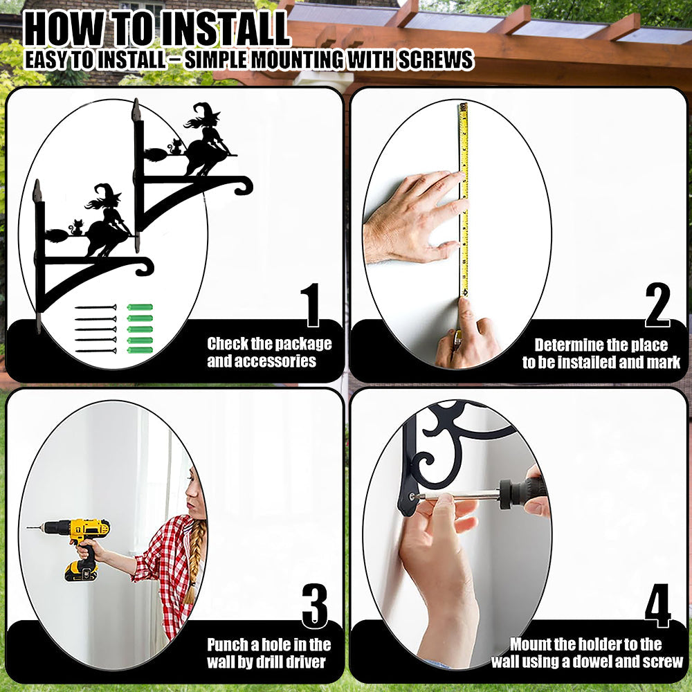 Flying witch and cat metal hanging basket bracket mounted on outdoor wall for plant decoration