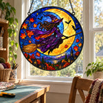 Flying Witch Halloween stained glass suncatcher window hanging, suitable for home and garden decoration
