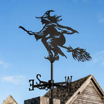 Flying witch metal weather vane with directional arrows and mounting rod, outdoor roof and garden decoration