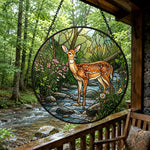 Forest deer by woodland stream stained glass suncatcher window hanging, suitable for home and garden decoration