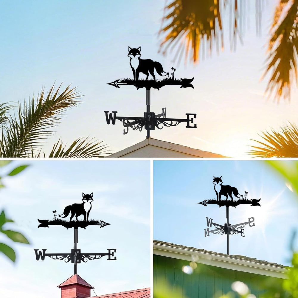 Fox metal weather vane with directional arrows and mounting rod, outdoor roof and garden decoration
