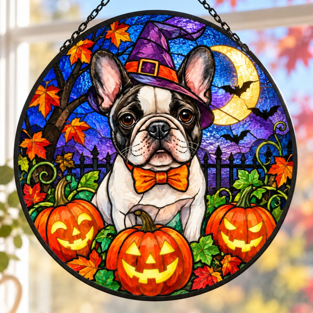 French Bulldog Halloween stained glass suncatcher window hanging, suitable for home and garden decoration