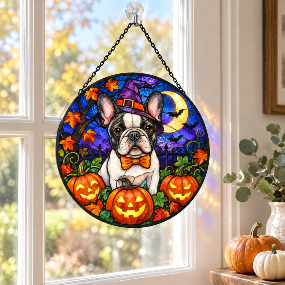French Bulldog Halloween stained glass suncatcher window hanging, suitable for home and garden decoration