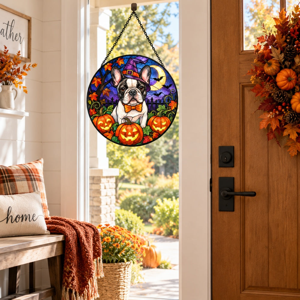French Bulldog Halloween stained glass suncatcher window hanging, suitable for home and garden decoration