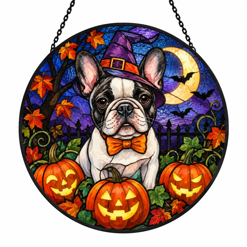 French Bulldog Halloween stained glass suncatcher window hanging, suitable for home and garden decoration
