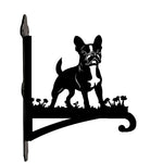 French bulldog metal hanging basket bracket mounted on outdoor wall for plant decoration