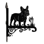 French bulldog metal hanging basket bracket mounted on outdoor wall for plant decoration