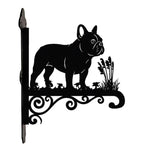 French bulldog metal hanging basket bracket mounted on outdoor wall for plant decoration
