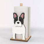 French Bulldog Wooden Dog Paper Towel Holder displayed on a kitchen countertop with a freestanding paper towel roll
