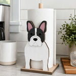 French Bulldog Wooden Dog Paper Towel Holder displayed on a kitchen countertop with a freestanding paper towel roll