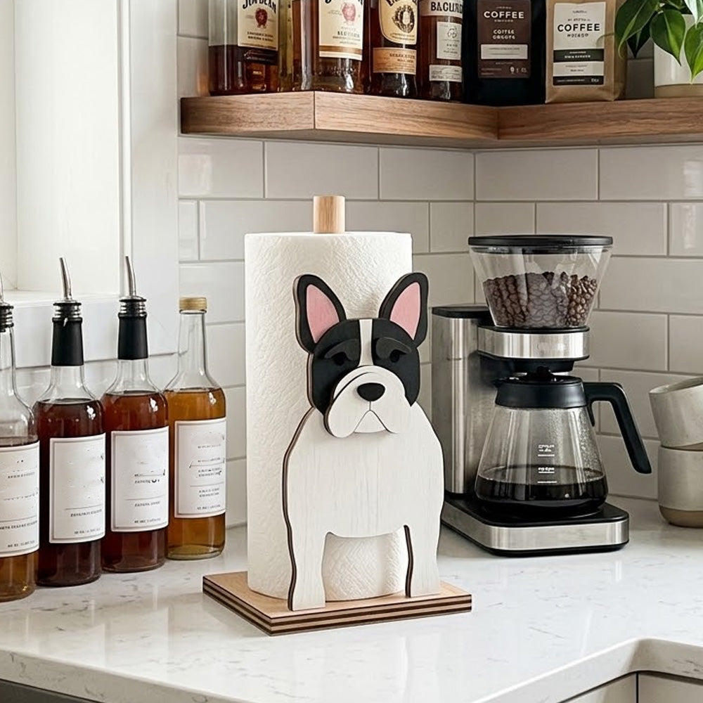 French Bulldog Wooden Dog Paper Towel Holder displayed on a kitchen countertop with a freestanding paper towel roll