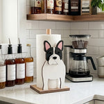 French Bulldog Wooden Dog Paper Towel Holder displayed on a kitchen countertop with a freestanding paper towel roll