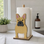 French Bulldog Wooden Dog Paper Towel Holder displayed on a kitchen countertop with a freestanding paper towel roll