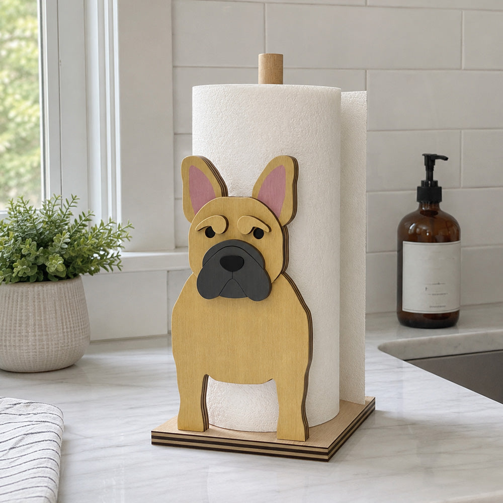 French Bulldog Wooden Dog Paper Towel Holder displayed on a kitchen countertop with a freestanding paper towel roll