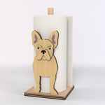 French Bulldog Wooden Dog Paper Towel Holder displayed on a kitchen countertop with a freestanding paper towel roll