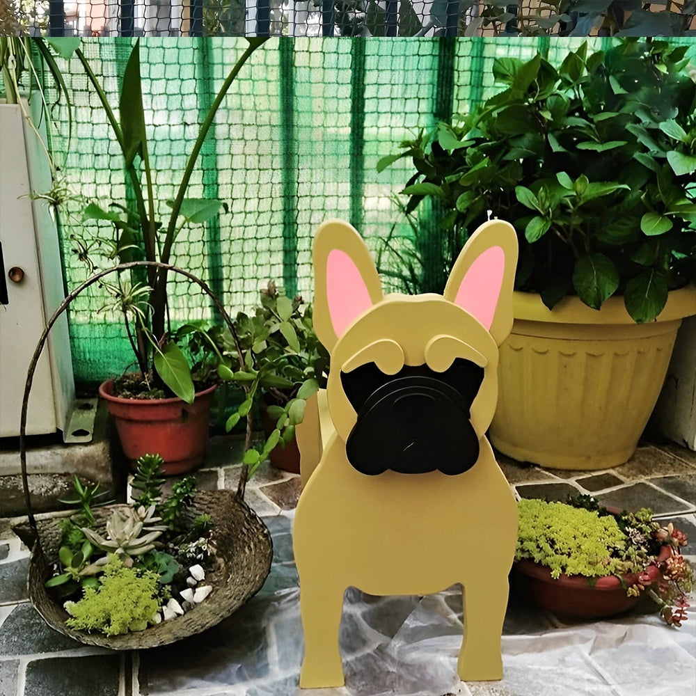 French Bulldog planter filled with fresh flowers is placed in the garden