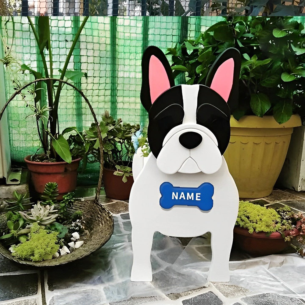 French Bulldog planter filled with fresh flowers is placed in the garden