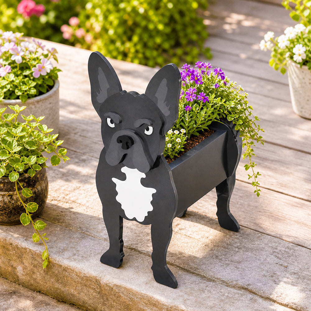 French Bulldog planter filled with fresh flowers is placed in the garden