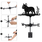 French Bulldog metal weather vane with directional arrows and mounting rod, outdoor roof and garden decoration