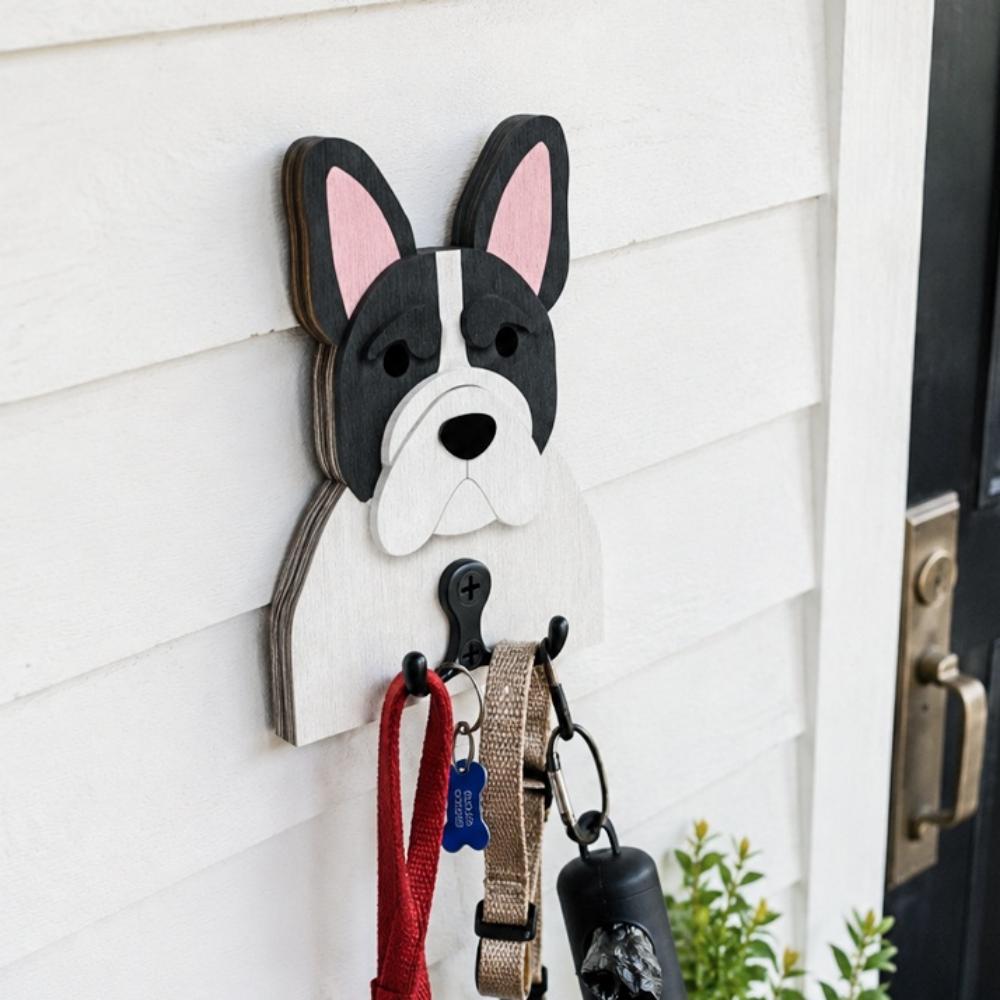 French Bulldog wooden dog wall hook key and leash holder for home entryway organizer