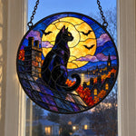 Full Moon Rooftop Black Cat Halloween stained glass suncatcher window hanging, suitable for home and garden decoration