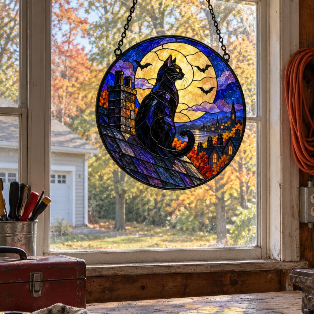 Full Moon Rooftop Black Cat Halloween stained glass suncatcher window hanging, suitable for home and garden decoration