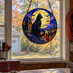 Full Moon Rooftop Black Cat Halloween stained glass suncatcher window hanging, suitable for home and garden decoration